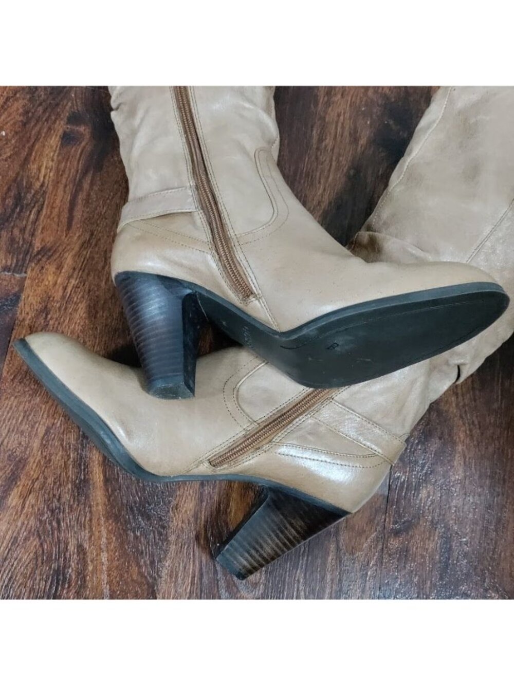 Guess MALLAY Tan Leather Side Zipper Mid-Calf Chunky High Heeled Boots Size 9 - Picture 6 of 16
